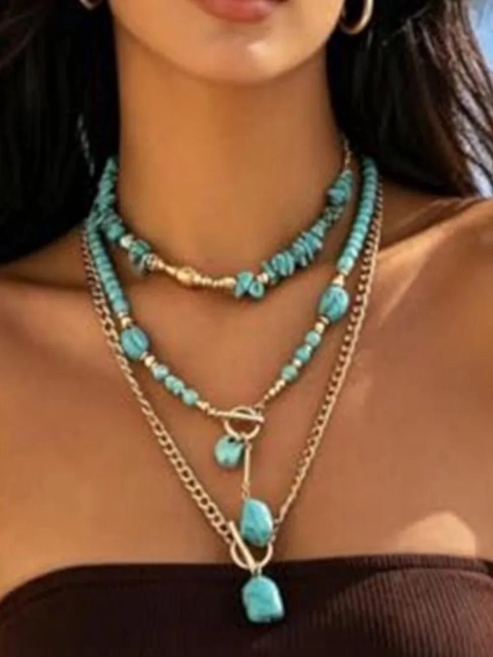 Chunky Turquoise Necklace Gold Tone Western Boho Statement Jewelry Women